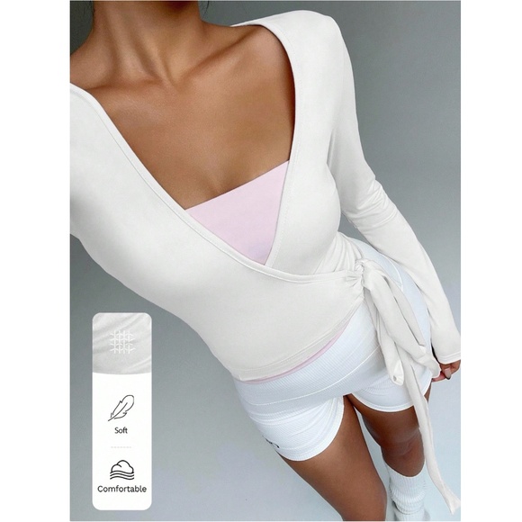 White V-Neck Long Sleeve Tie Side Wrap Shirt - Picture 2 of 9